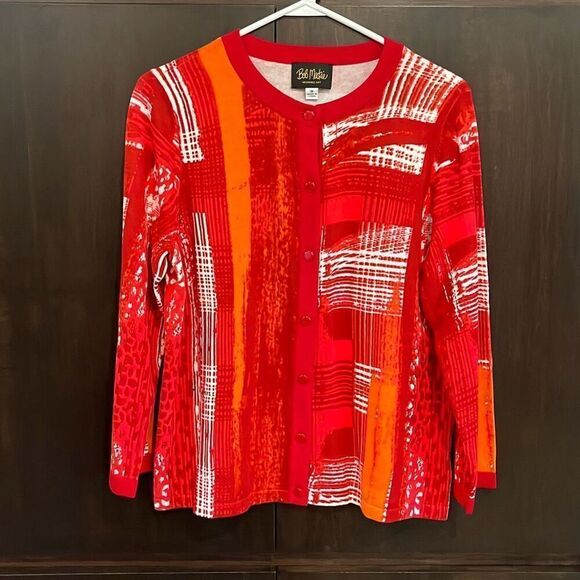 Bob Mackie Wearable Art Red Button Front Cardigan Sweater Medium - Picture 1 of 4